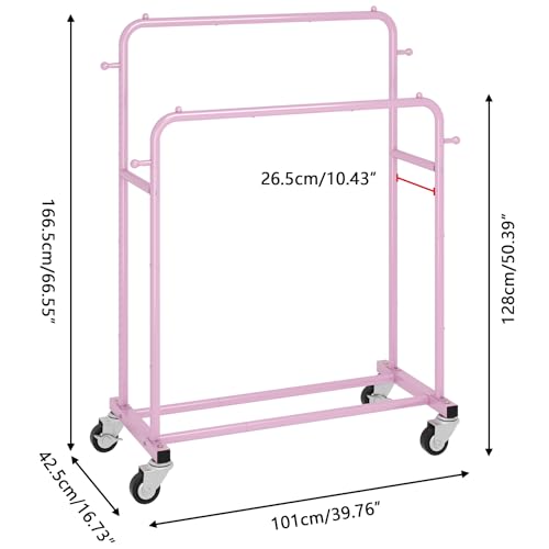 Laiensia Double Rods Garment Rack with Wheels, Clothing Rack for Hanging Clothes,4 Hooks, Multi-Functional Bedroom Clothes Rack, Pink - Image 3