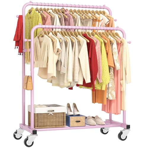 Laiensia Double Rods Garment Rack with Wheels, Clothing Rack for Hanging Clothes,4 Hooks, Multi-Functional Bedroom Clothes Rack, Pink - Image 1
