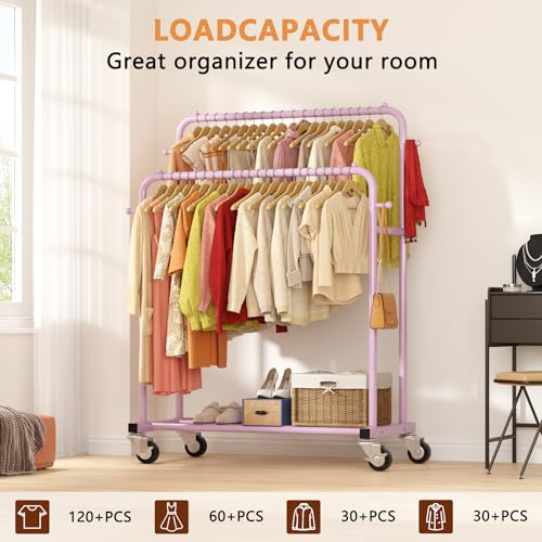 Laiensia Double Rods Garment Rack with Wheels, Clothing Rack for Hanging Clothes,4 Hooks, Multi-Functional Bedroom Clothes Rack, Pink - Image 2