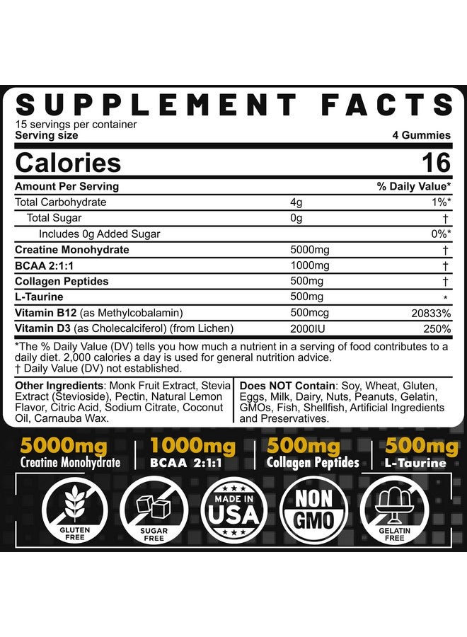 EnvyCure Creatine Monohydrate Gummies for Men & Women - with BCAA, Collagen Peptides, L-Taurine, Vitamin B12, D3, Chewables Creatine Monohydrate 5g Per Serving, Natural Lemon Flavor, Sugar Free, 2 Pack - Image 2