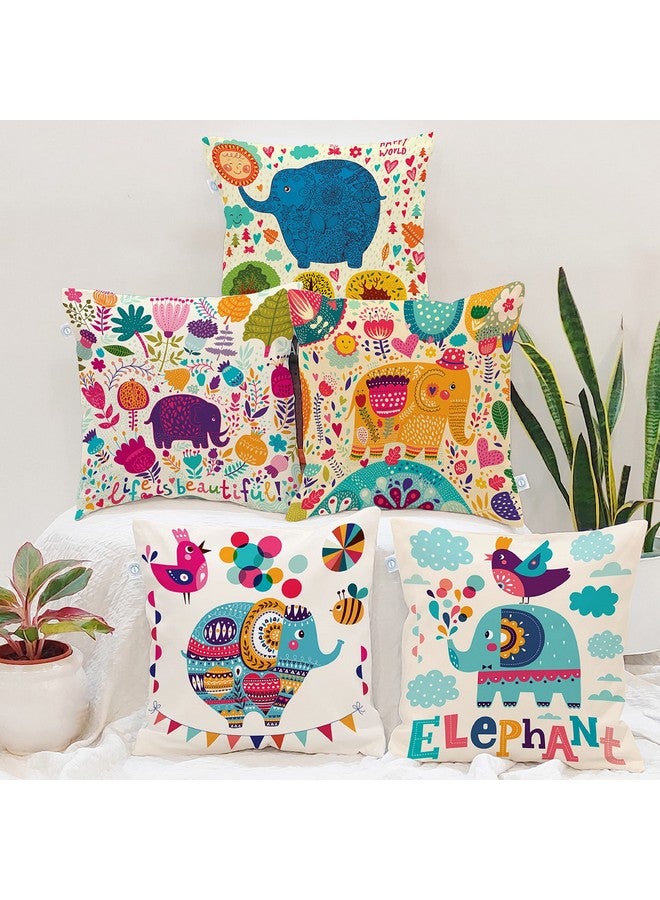 STITCHNEST أغطية وسائد بولي قطن مطبوعة برسومات فيل كرتوني لطيف فريد من نوعه باللون الأزرق، مجموعة من 5 (12 × 12 بوصة مع حشوة) - Image 1