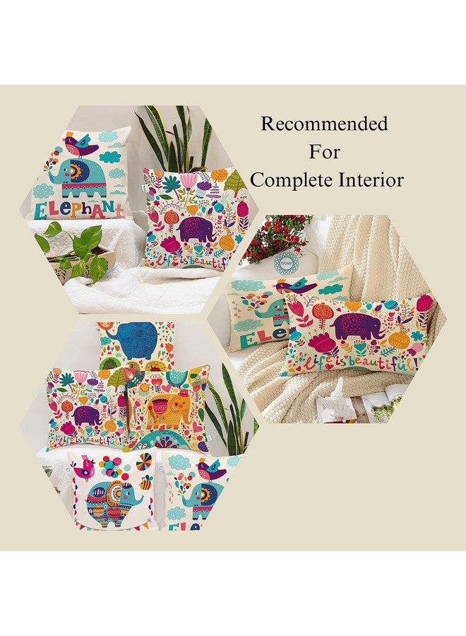 STITCHNEST أغطية وسائد بولي قطن مطبوعة برسومات فيل كرتوني لطيف فريد من نوعه باللون الأزرق، مجموعة من 5 (12 × 12 بوصة مع حشوة) - Image 4