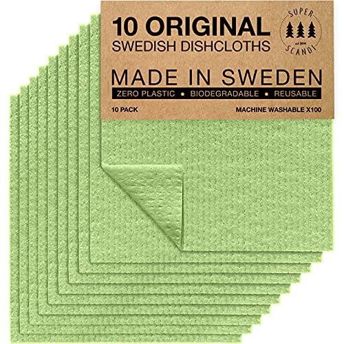 SUPERSCANDI 10 Pack Swedish Dishcloths for Kitchen - 100% Biodegradable & Compostable Reusable Paper Towels Washable, Food-Safe & Without Plastic - Dish Rags Suitable for Any Surface, Apple Green - Image 1