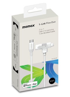 Momax 1-Link Flow Duo 2 in 1 USB-C to USB-C + Lightning Cable to USB-C Braided Cable 1.5 Meter [MFI Certified] Fast Charge PD 3.0 - White  - Image 2