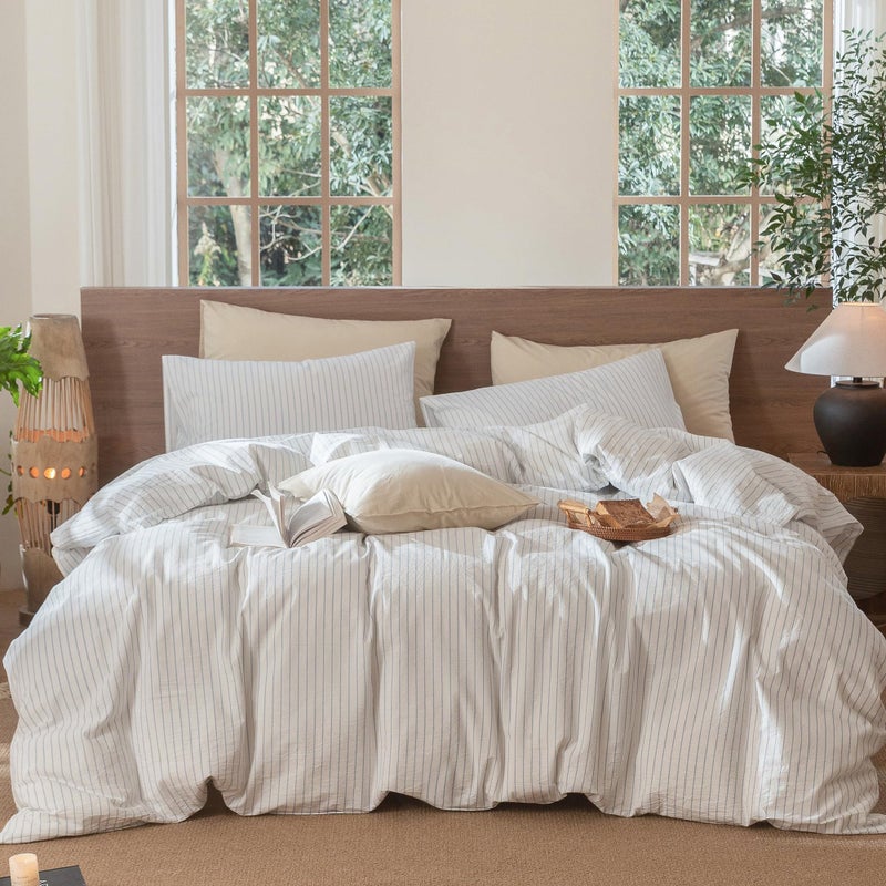 MooMee Striped Duvet Cover Set 100 Washed Cotton Linen Like Textured Breathable Durable Soft Comfy White Cornflower Blue Wide Stripes King 104x90