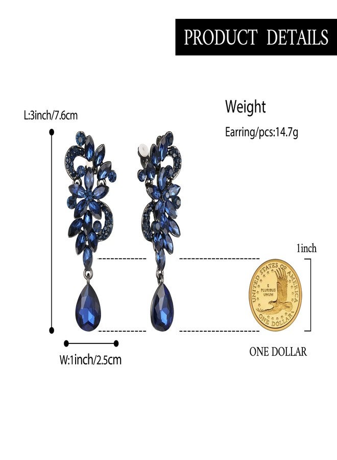 بريلوف أقراط زفاف بريلوف بمشبك للنساء، بتصميم بوهيمي مزين بالكريستال على شكل زهرة متدلية، بتصميم دمعة مرصعة بالكريستال، مجوهرات طويلة متدلية للحفلات والمناسبات الرسمية، متوفرة باللون الأزرق الداكن الياقوتي والأسود والفضي. - Image 5
