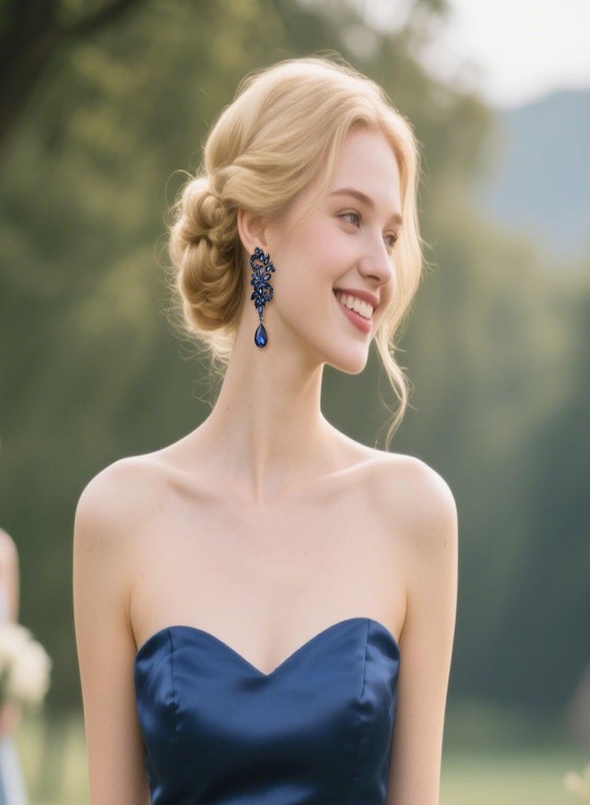 بريلوف أقراط زفاف بريلوف بمشبك للنساء، بتصميم بوهيمي مزين بالكريستال على شكل زهرة متدلية، بتصميم دمعة مرصعة بالكريستال، مجوهرات طويلة متدلية للحفلات والمناسبات الرسمية، متوفرة باللون الأزرق الداكن الياقوتي والأسود والفضي. - Image 3