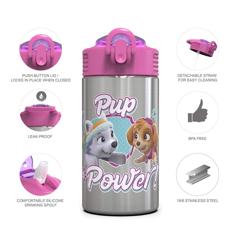 Zak Designs Paw Patrol Skye - Stainless Steel Water Bottle with One Hand Operation Action Lid and Built-in Carrying Loop, Straw Spout is Perfect for Kids (15.5 oz) - Image 3