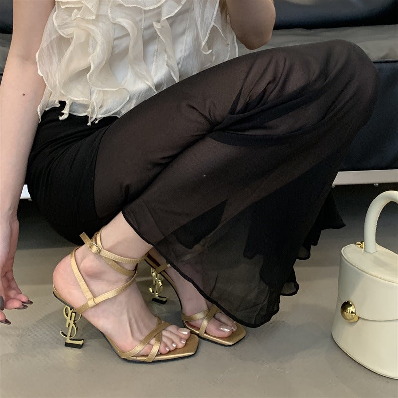 Niche Gold Letter Heel Sandals 2025 Elegant Cross Strap Open Toe Stiletto Roman Sandals - Image 5