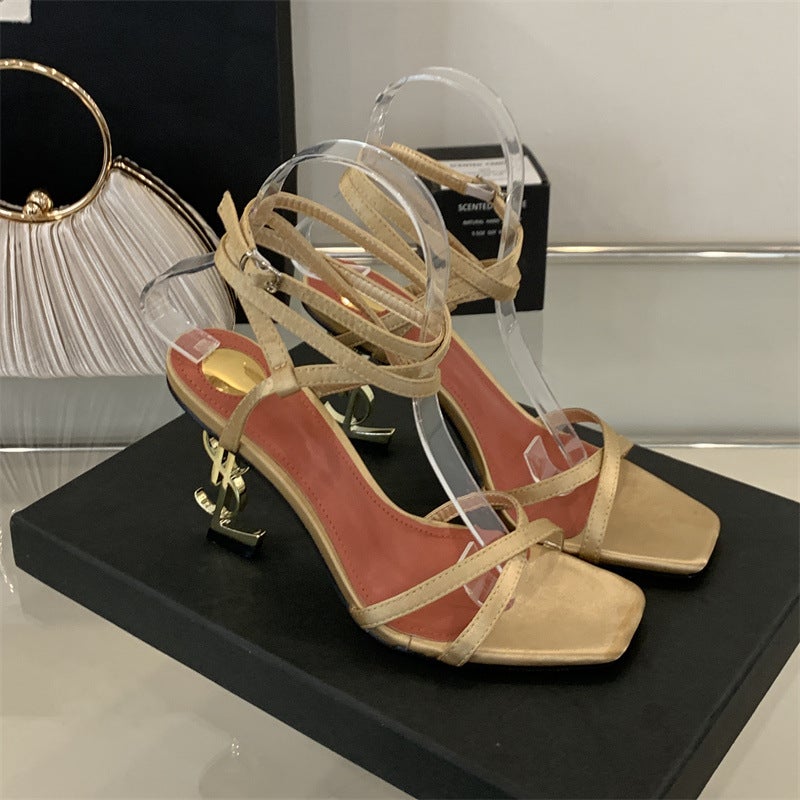 Niche Gold Letter Heel Sandals 2025 Elegant Cross Strap Open Toe Stiletto Roman Sandals - Image 1