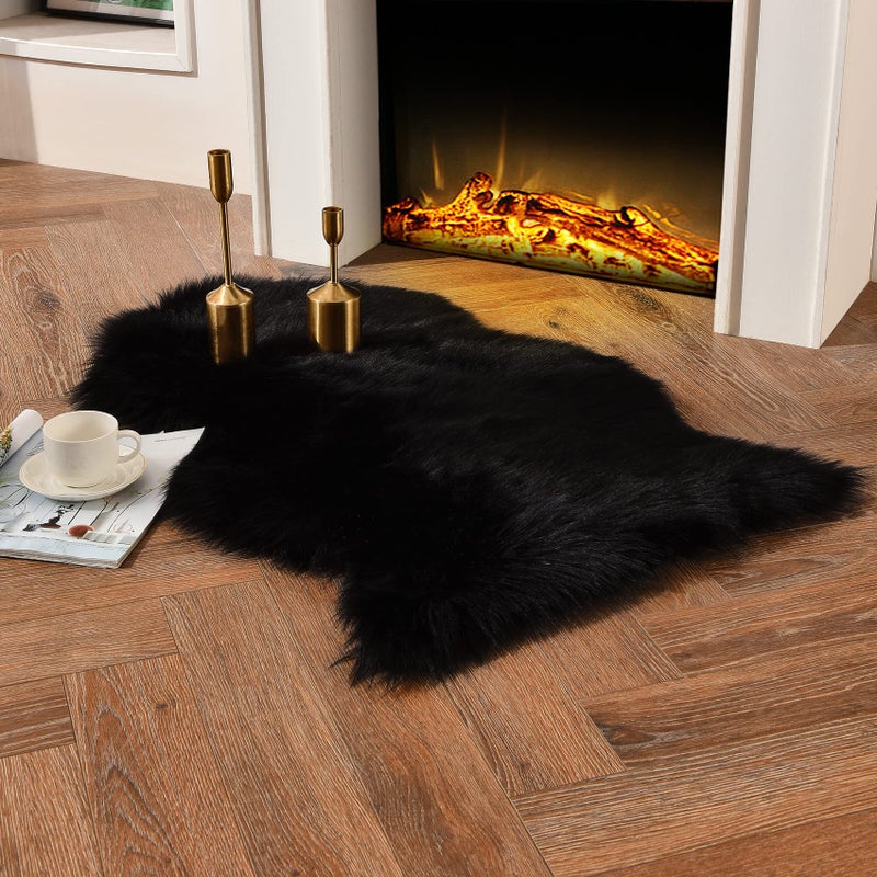 duduta Black Faux Fur Throw Rugs 2x3 ft Fluffy Shag Sheepskin Rug Seat Chair Covers Washable Rugs Room Decor