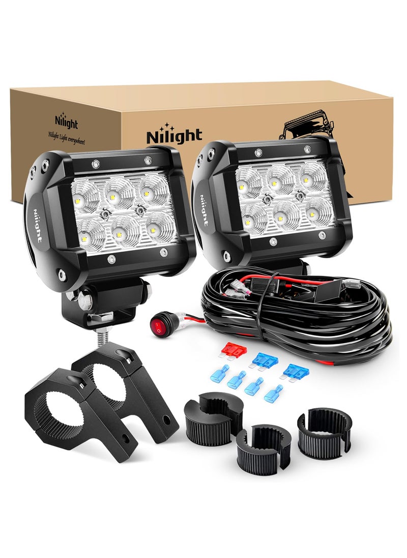 Nilight Nilight 2PCS 4 Inch 18W Flood LED Light Bars Off-Road Light Mounting Bracket Horizontal Bar Tube Clamp with Off Road Wiring Harness- 2 Leads, 2 Years Warranty  - Image 1
