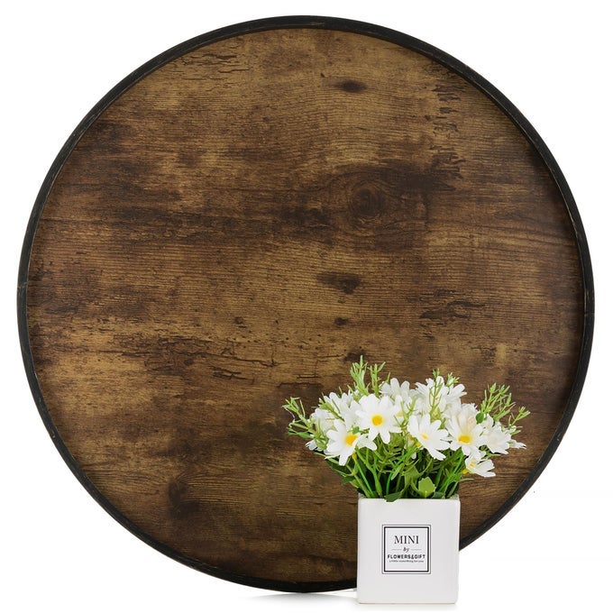 Decorative Coffee Table Tray Brown Wood Tray Round Rustic Wooden Trays Circle Farmhouse Centerpiece Candle Holder for Home Decor Ottoman Counter Display Living Room Organizer 18