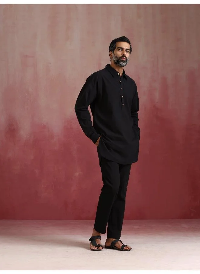 ترو برونز Men's Black Cotton Shirt Collar Stylized Kurta Co-ord set