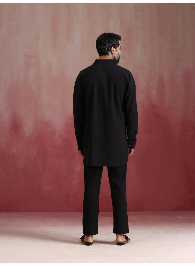 ترو برونز Men's Black Cotton Shirt Collar Stylized Kurta Co-ord set