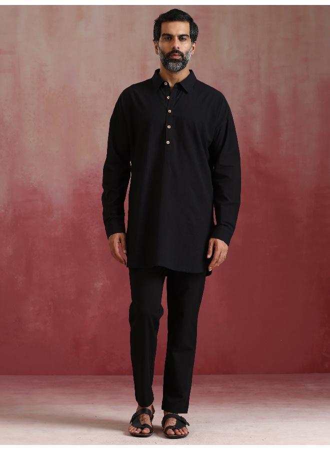 ترو برونز Men's Black Cotton Shirt Collar Stylized Kurta Co-ord set  - Image 1