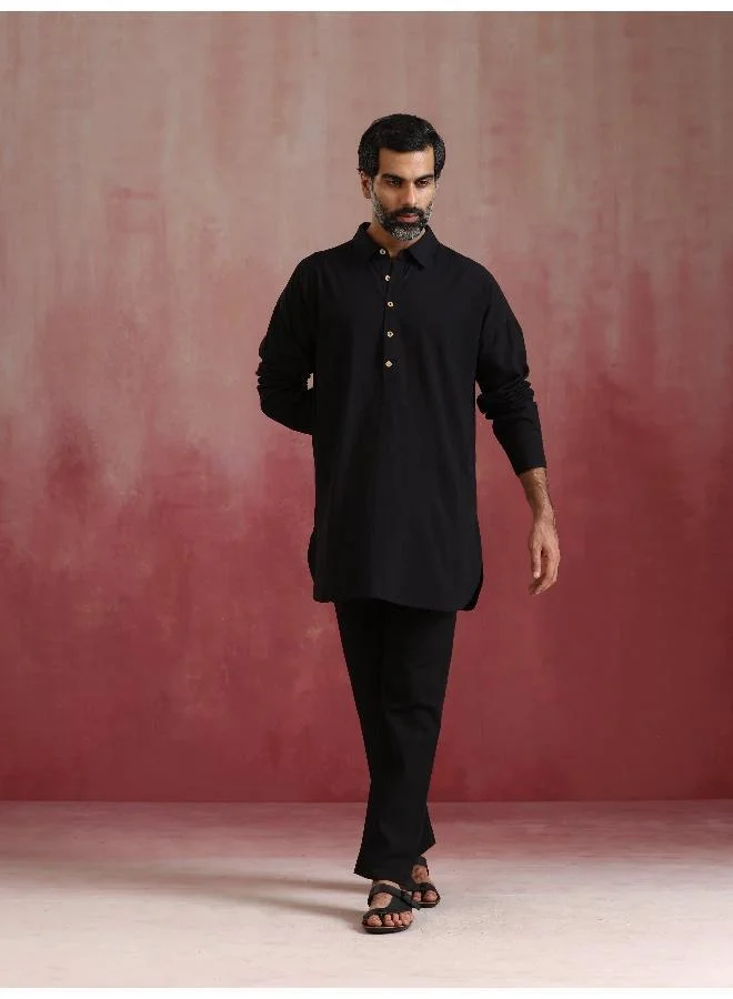 ترو برونز Men's Black Cotton Shirt Collar Stylized Kurta Co-ord set