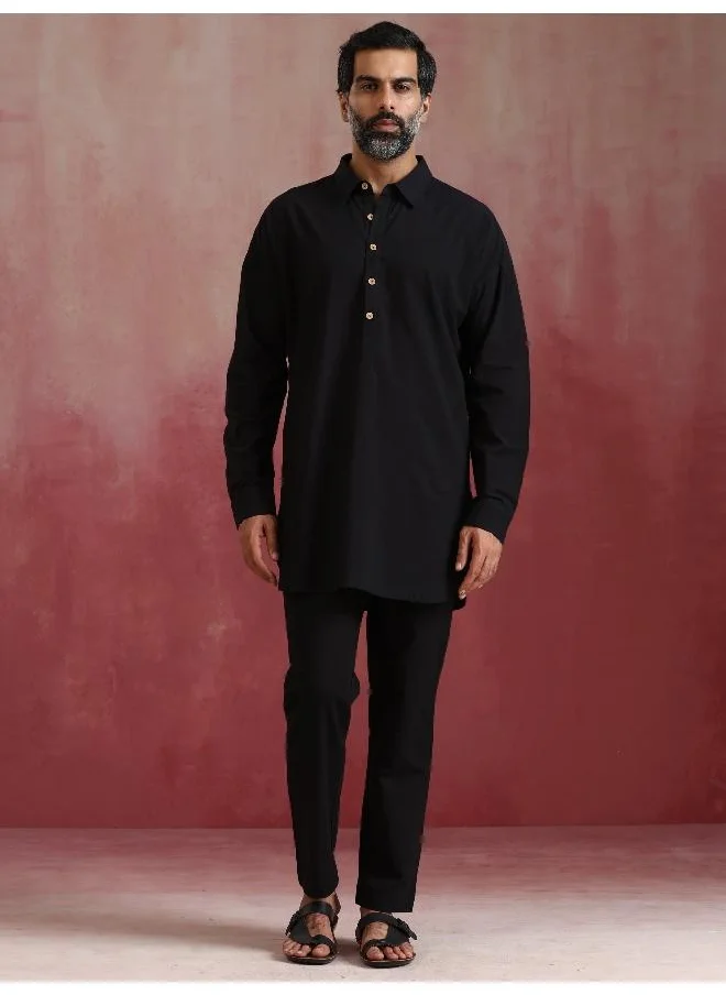 trueBrowns Men's Black Cotton Shirt Collar Stylized Kurta Co-ord set