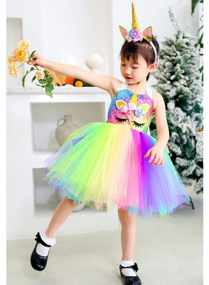 Unicorn Tutu Dress for Girls Sequin Costume Girl with Headband Birthday Party Dresses 3-4 Years Old - Image 2