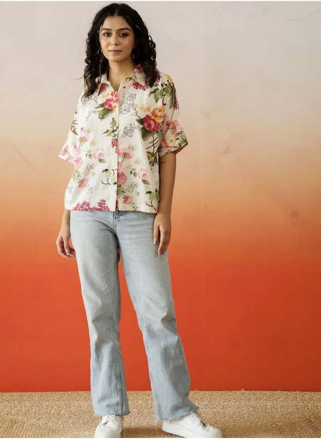 sanskrutihomes Sanskrutihomes Floral Print Collared Cotton Top