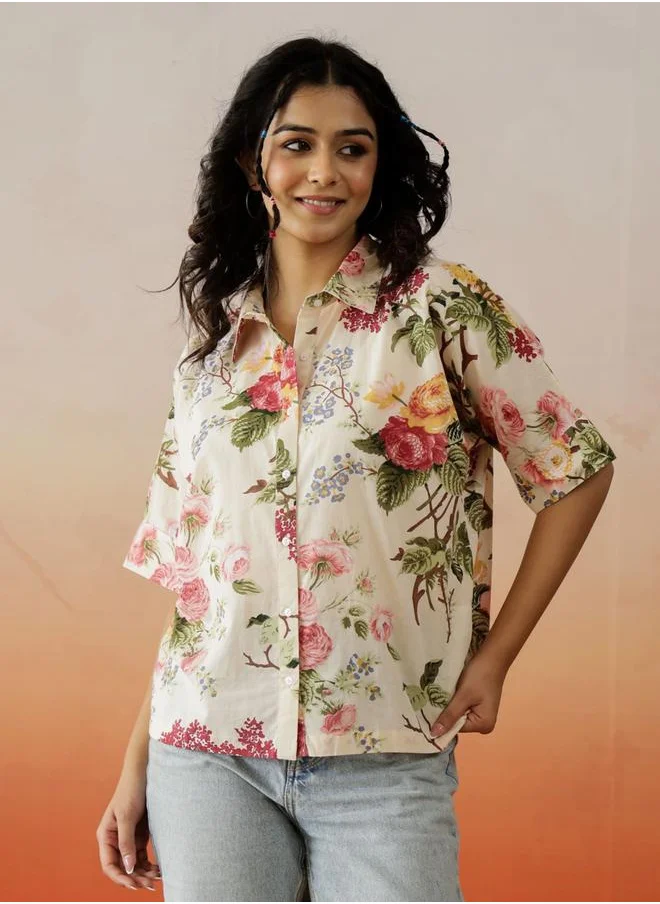 sanskrutihomes Sanskrutihomes Floral Print Collared Cotton Top