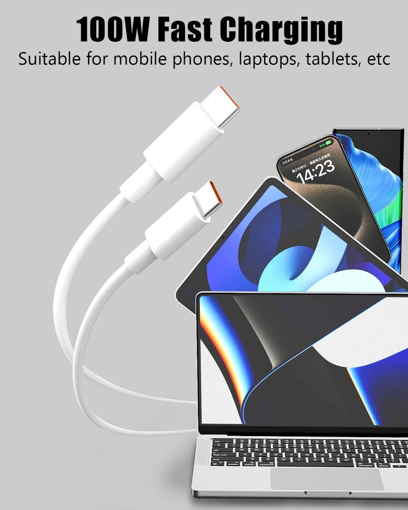 شيتيك كابل SCHITEC من USB-C إلى USB-C، شاحن سريع بقوة 100 واط، كابلات شحن من النوع C متوافقة مع iPhone 16 و15 Pro Max وGoogle Pixel وiPad Pro وMacBook Pro وSwitch والمزيد (أبيض، 1 متر، 8 قطع) - Image 2