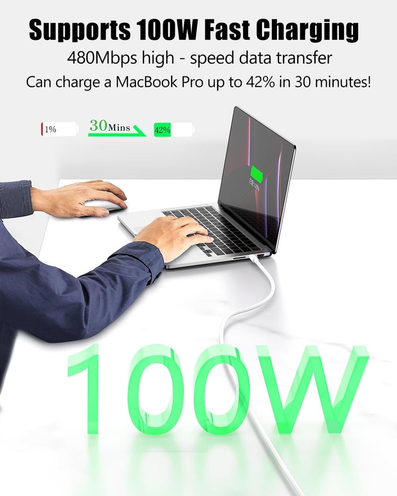 شيتيك كابل SCHITEC من USB-C إلى USB-C، شاحن سريع بقوة 100 واط، كابلات شحن من النوع C متوافقة مع iPhone 16 و15 Pro Max وGoogle Pixel وiPad Pro وMacBook Pro وSwitch والمزيد (أبيض، 1 متر، 8 قطع) - Image 3