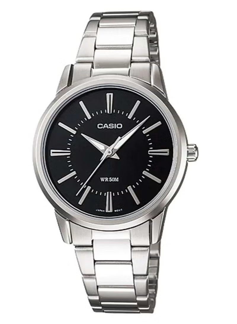 Enticer Analog Women’s Watch LTP‑1303DD‑1AVDF, 35.5 mm Black Dial, Ion‑Plated Stainless Steel Case & Silver Stainless Steel Bracelet, 50 m WR
