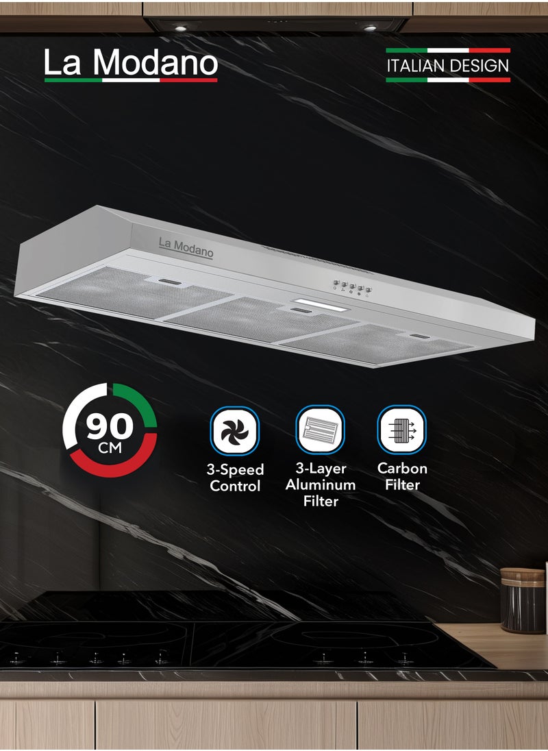 La Modano LA MODANO Slim Stainless Steel 90cm Built-In Kitchen Hood with 3-Speed Control, LED Lighting, and Carbon Filter- LMCH906S  - Image 1