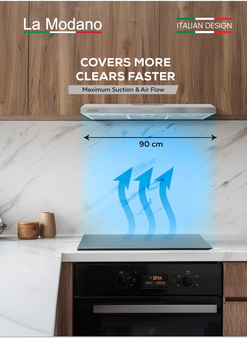 La Modano LA MODANO Slim Stainless Steel 90cm Built-In Kitchen Hood with 3-Speed Control, LED Lighting, and Carbon Filter- LMCH906S  - Image 4