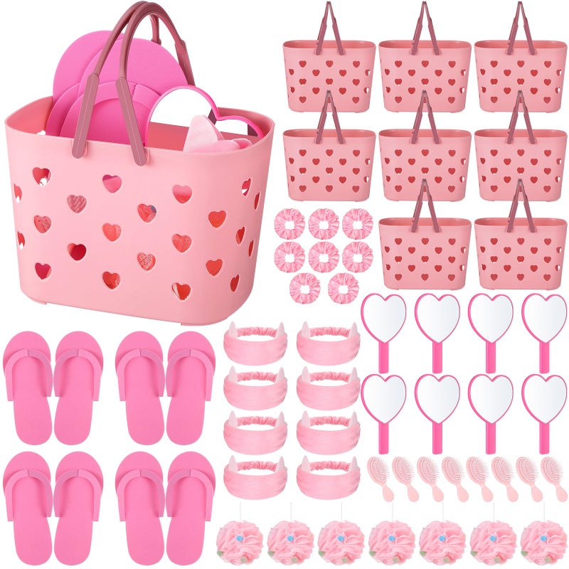 Pickmesh 8 Sets Spa Party Supplies Sleepover party with Pink Basket Heart Mirror Headband Satin Hair Scrunchies Hair Brush Loofah Disposable Slipper for Birthday Gift - Image 2