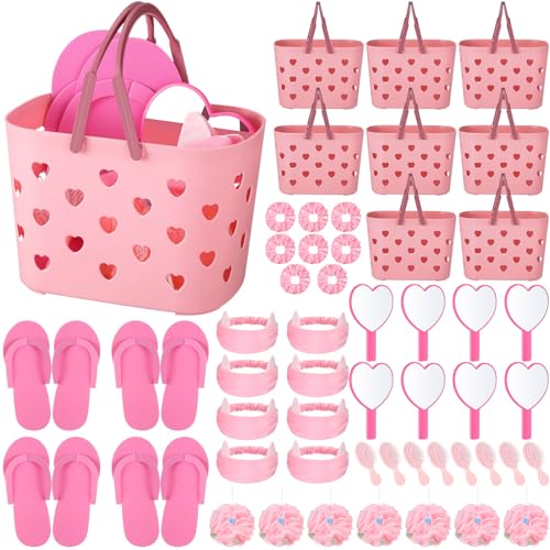 Pickmesh 8 Sets Spa Party Supplies Sleepover party with Pink Basket Heart Mirror Headband Satin Hair Scrunchies Hair Brush Loofah Disposable Slipper for Birthday Gift - Image 1