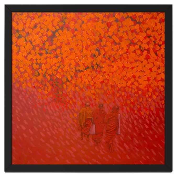 RITWIKAS MONK ABSTRACT ORANGE DIGITAL REPRINT WALL PAINTING WITH FRAME SIZE 135X135 INCH COLOR ORANGE SET OF 1