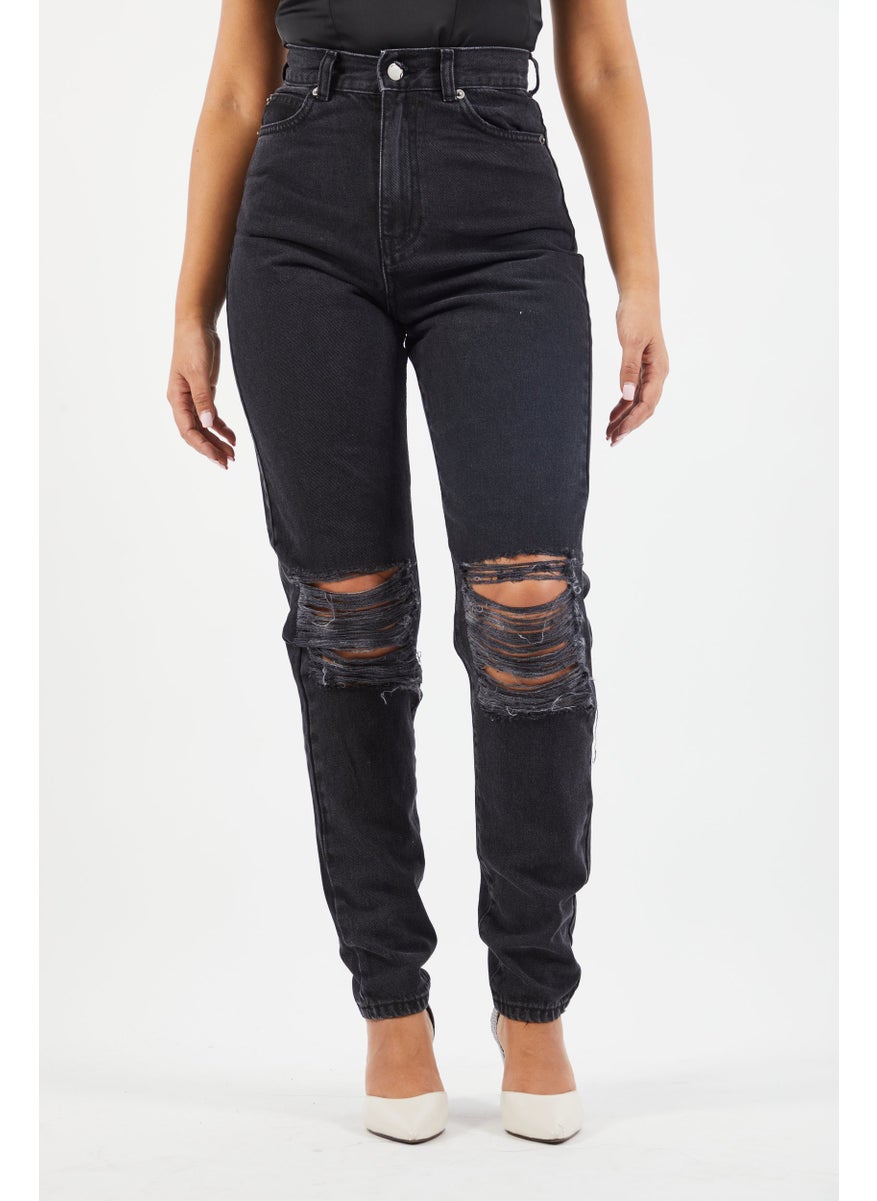 Dr Denim Women Regular Fit Washed Ripped Non Stretchable Jeans, Black  - Image 1