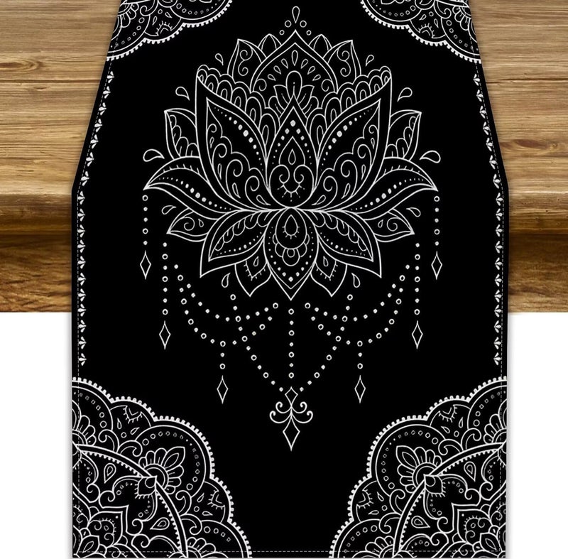 JanJCurt Lotus Flower Table Runner Bohemian Ethnic Oriental Mandala Black White Floral Print Table Runner for Home Kitchen Dining Indoor Outdoor Dinner Party Decor 13x60inch - Image 1