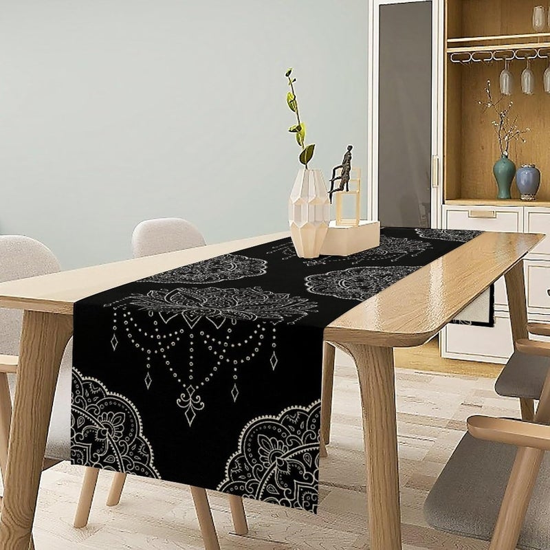 JanJCurt Lotus Flower Table Runner Bohemian Ethnic Oriental Mandala Black White Floral Print Table Runner for Home Kitchen Dining Indoor Outdoor Dinner Party Decor 13x60inch - Image 2
