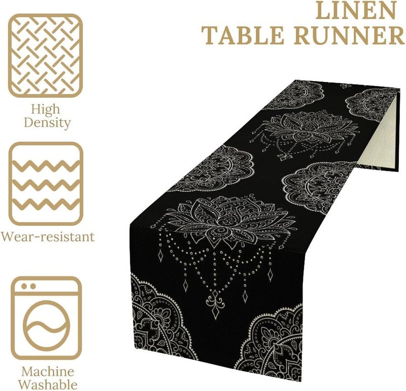 JanJCurt Lotus Flower Table Runner Bohemian Ethnic Oriental Mandala Black White Floral Print Table Runner for Home Kitchen Dining Indoor Outdoor Dinner Party Decor 13x60inch - Image 4