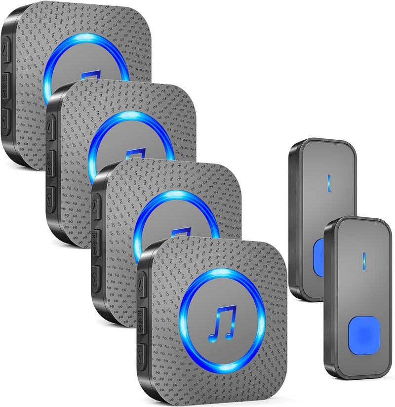SURFOU Wireless Doorbell with 4 Receivers 2 Buttons,IP55 Waterproof Doorbell,1300 FT/400M Remote Doorbell,55 Chimes 5 Volume,LED Flashing,110 db Loud Volume,For Home/Classroom - Image 1