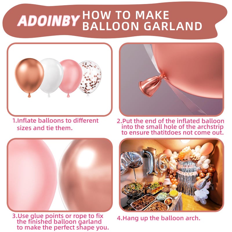 ADOINBY Rose Gold Balloons Arch Kit, 140Pcs Metallic Rose Gold White Balloon 18 12 10 5 Inch Different Size Balloons Garland Kit for Birthday Party Bridal Shower Wedding Girls Engagement Decorations - Image 3