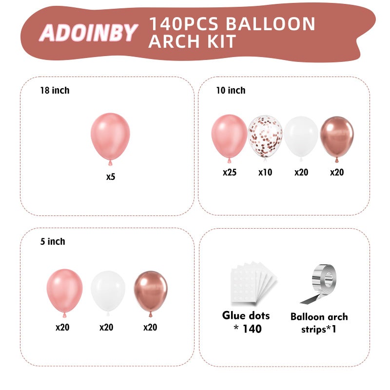 ADOINBY Rose Gold Balloons Arch Kit, 140Pcs Metallic Rose Gold White Balloon 18 12 10 5 Inch Different Size Balloons Garland Kit for Birthday Party Bridal Shower Wedding Girls Engagement Decorations - Image 2