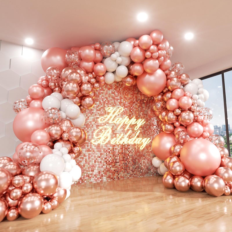 ADOINBY Rose Gold Balloons Arch Kit, 140Pcs Metallic Rose Gold White Balloon 18 12 10 5 Inch Different Size Balloons Garland Kit for Birthday Party Bridal Shower Wedding Girls Engagement Decorations - Image 1