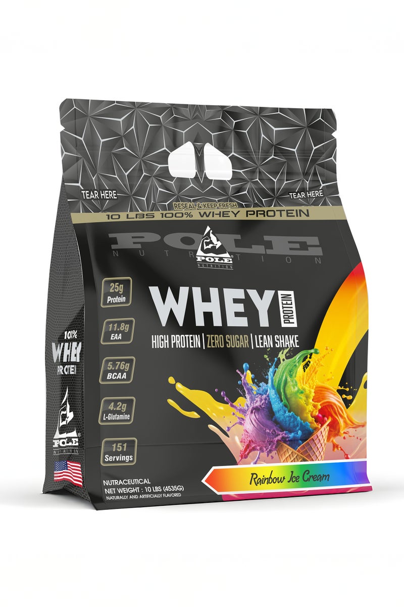 POLE NUTRITION 100% Whey Protein 10 lbs (4.53kg) - High Protein Lean Shake with Zero Sugar (Rainbow Ice Cream) - Image 1