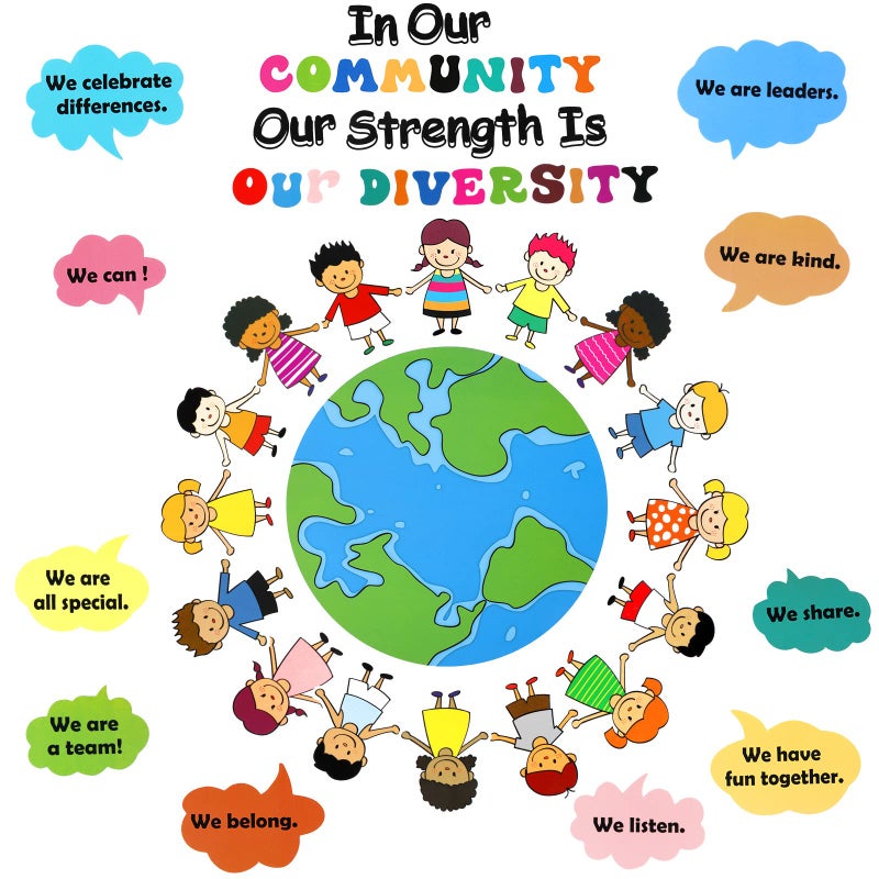 Eersida 31 Pcs Bulletin Board Decoration Set Classroom Decorations Diverse Children Borders Cutouts for Party School Student Teacher (Our Strength is Our Diversity) - Image 1