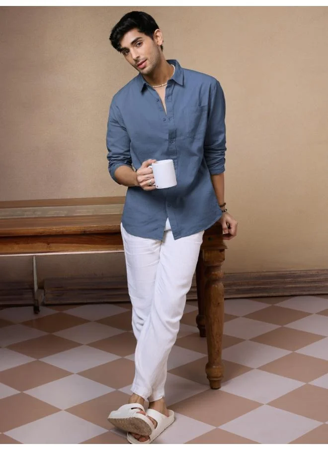 The Souled Store The Souled Store Men Deep Blue Solid Regular Fit Cotton Linen Shirts