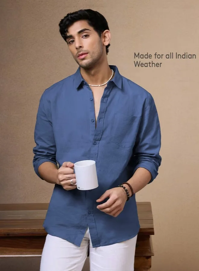 The Souled Store The Souled Store Men Deep Blue Solid Regular Fit Cotton Linen Shirts