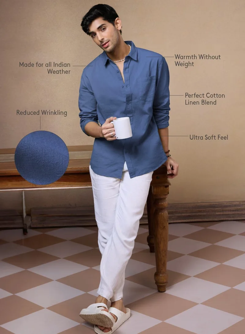 The Souled Store The Souled Store Men Deep Blue Solid Regular Fit Cotton Linen Shirts