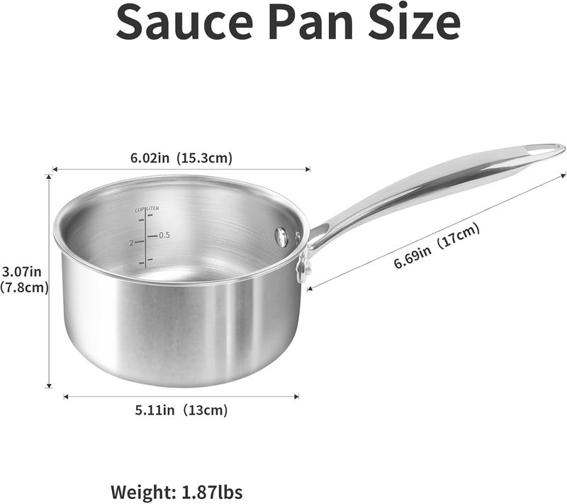 MACEVIA Sauce Pan with Glass Lid, 18/10 Stainless Steel Pot with Stay-Cool Handle, For All Stoves Multipurpose Use for Home Kitchen or Restaurant（1 Quart）- Silver - Image 2