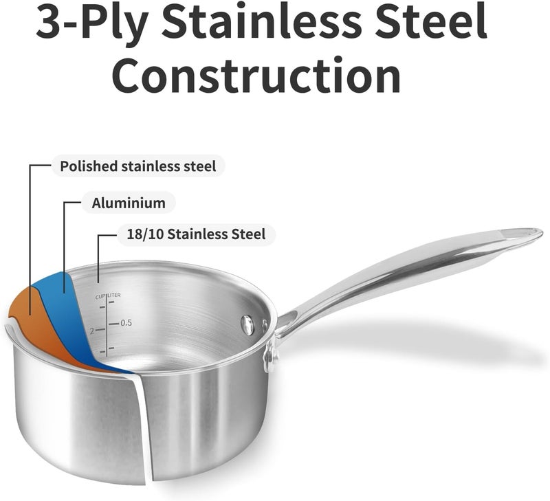MACEVIA Sauce Pan with Glass Lid, 18/10 Stainless Steel Pot with Stay-Cool Handle, For All Stoves Multipurpose Use for Home Kitchen or Restaurant（1 Quart）- Silver - Image 3