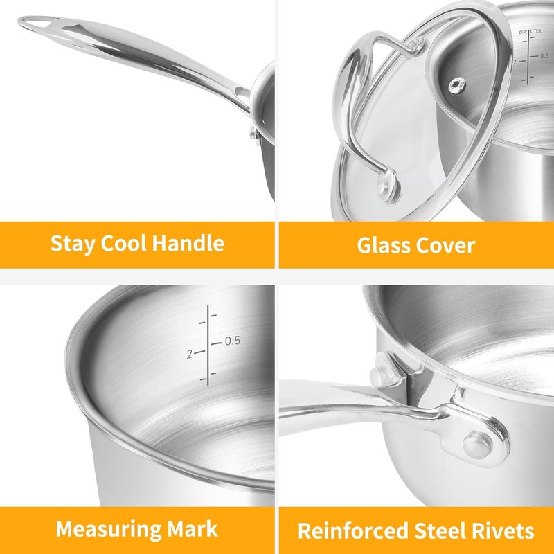 MACEVIA Sauce Pan with Glass Lid, 18/10 Stainless Steel Pot with Stay-Cool Handle, For All Stoves Multipurpose Use for Home Kitchen or Restaurant（1 Quart）- Silver - Image 4