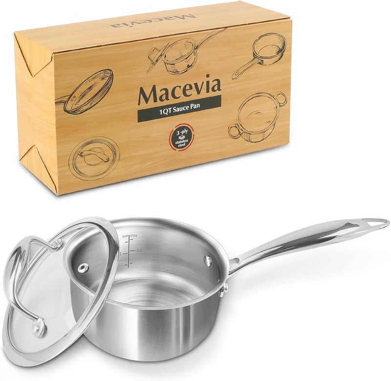 MACEVIA Sauce Pan with Glass Lid, 18/10 Stainless Steel Pot with Stay-Cool Handle, For All Stoves Multipurpose Use for Home Kitchen or Restaurant（1 Quart）- Silver - Image 1